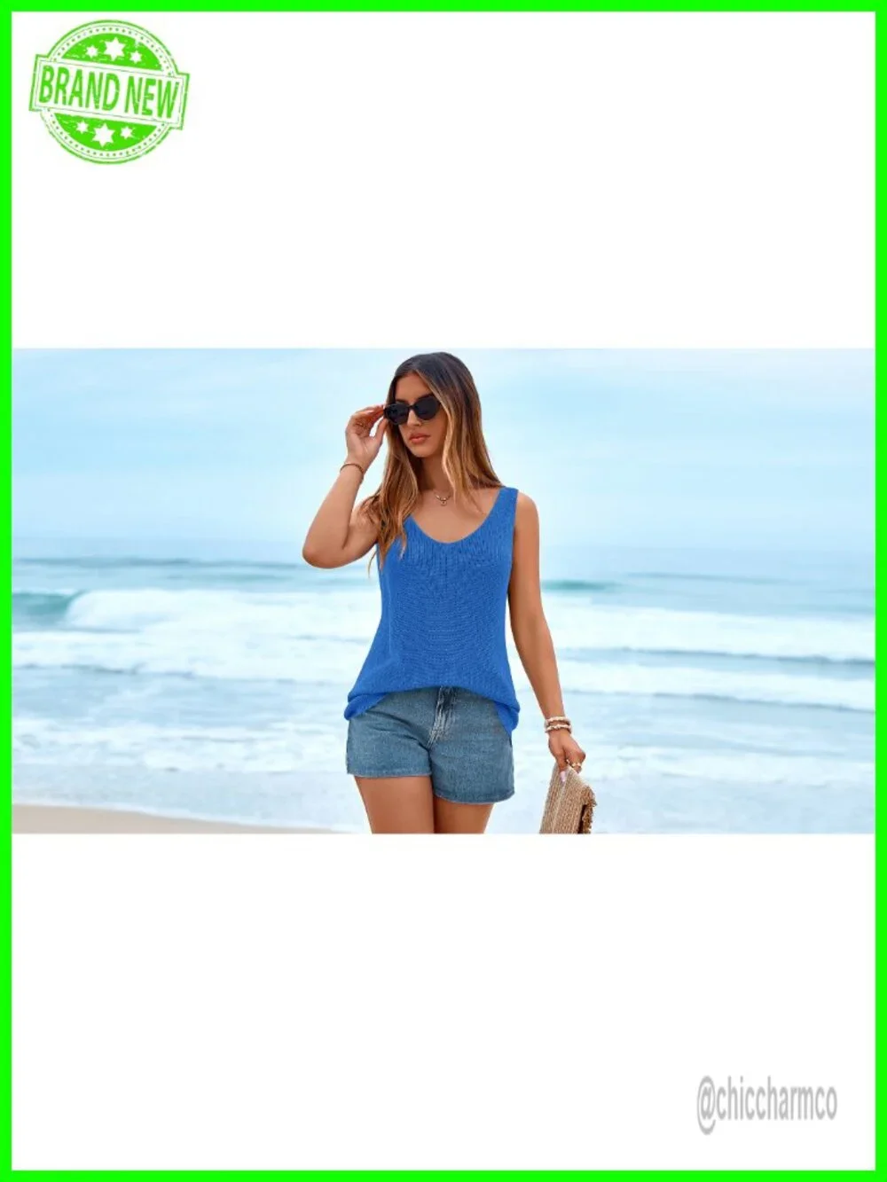 Sleeveless V-Neck Knit Sweater Vest Sparkle Basic Loose Fit Tank Top